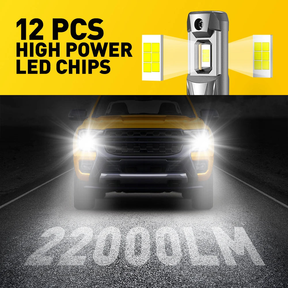 A close-up of a yellow pickup truck's headlight emitting a bright white beam, demonstrating 22000LM LED bulbs.