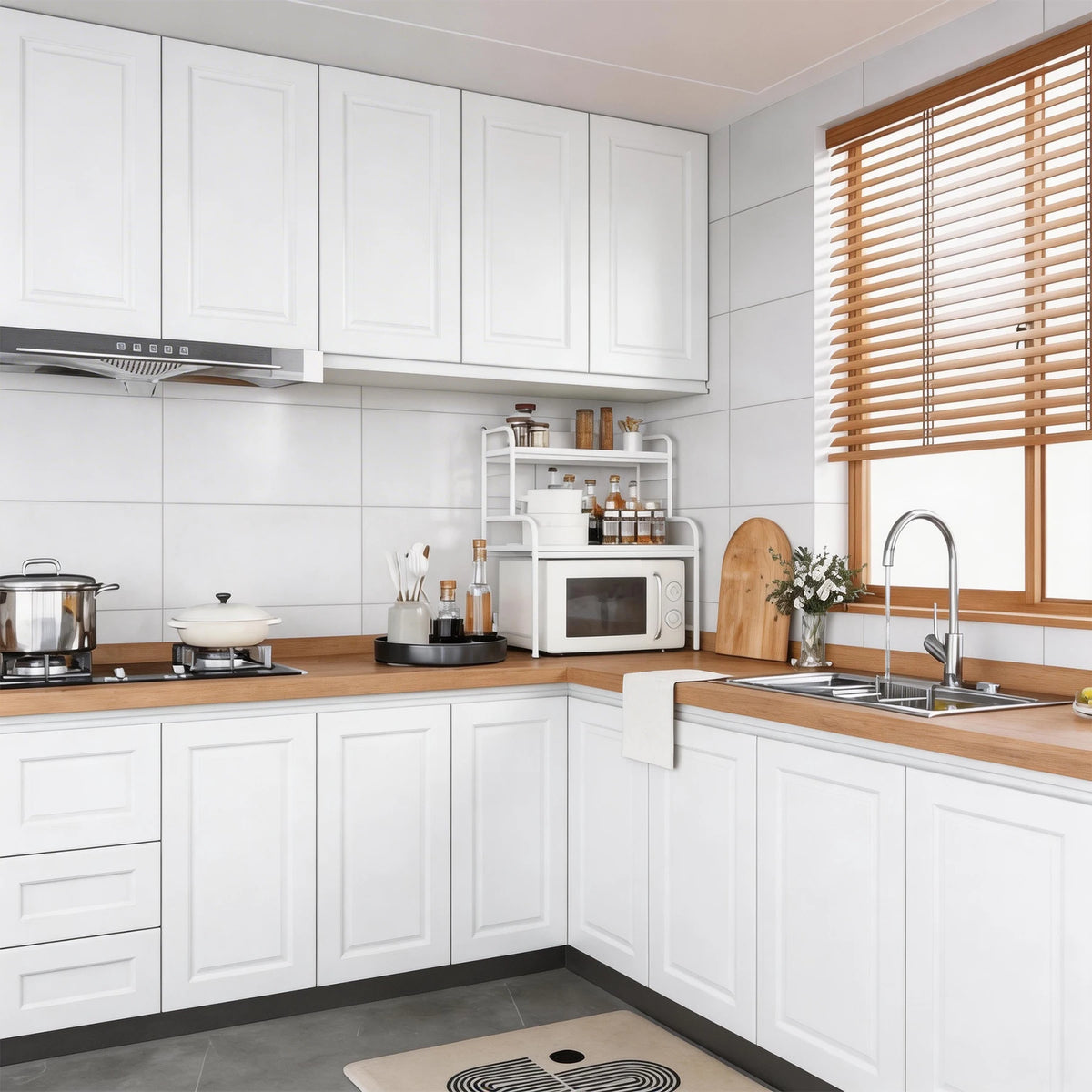 A modern kitchen featuring white cabinetry, light wood countertops, and a window with wooden blinds.