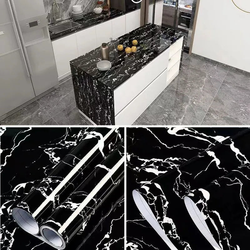 Close-up view of black and white marble contact paper showcasing intricate veining patterns.