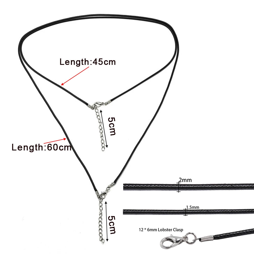 Black adjustable leather cord necklace with a lobster clasp and various length options shown.