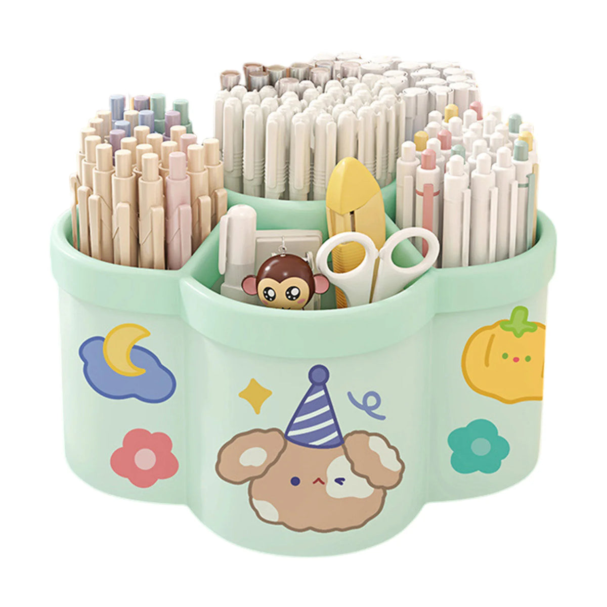 A light green rotating desk organizer holding numerous pens and writing supplies.