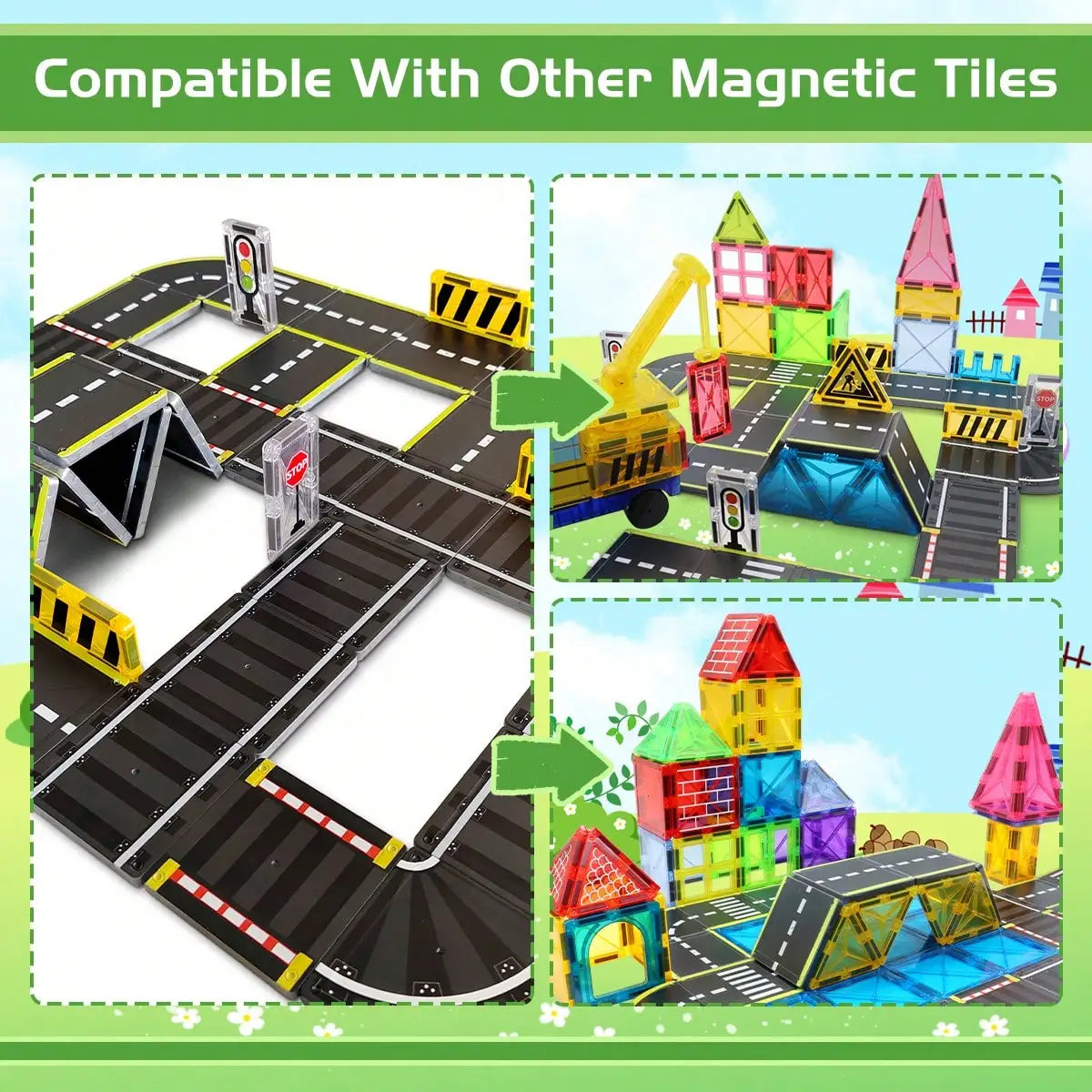 Magnetic transportation building blocks featuring various colorful tiles and structures.