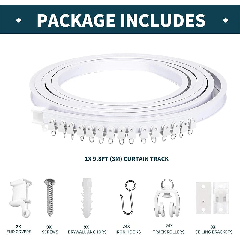 A package of flexible bendable ceiling curtain track includes 1x 9.8ft track, screws, drywall anchors, iron hooks, track roll