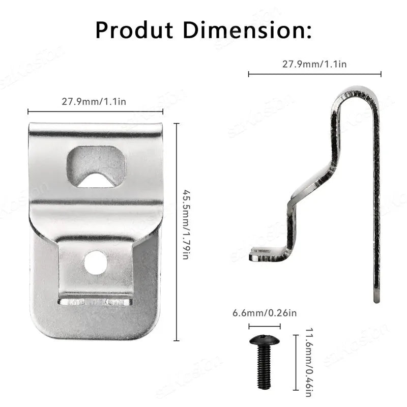 Stainless steel belt clip hook for Dewalt 20V MAX drills shown with dimensions.