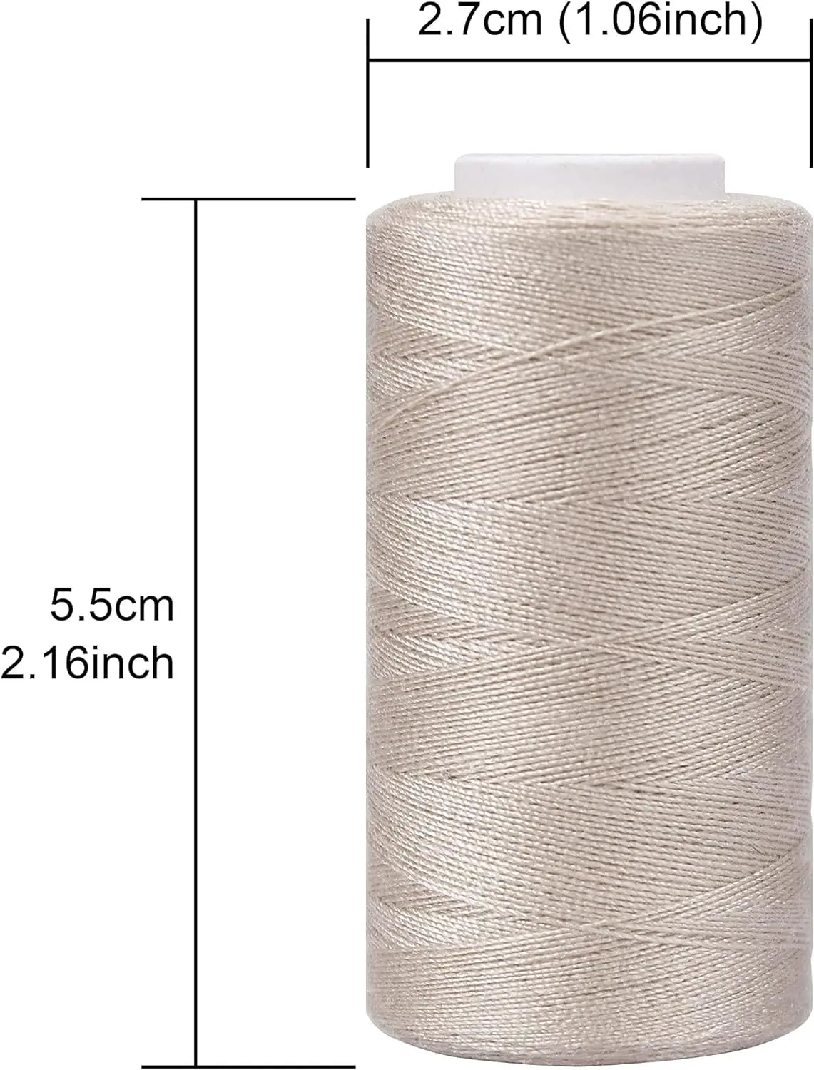 A roll of beige polyester sewing thread with a white core, measuring 5.5cm long and 2.7cm in diameter.