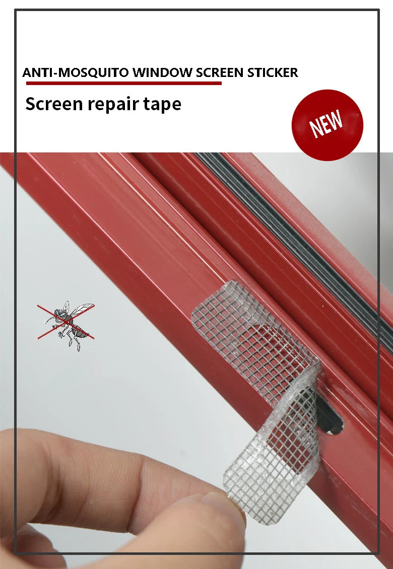 A close-up of a red window frame showing an anti-mosquito window screen repair tape patch being applied to the glass.