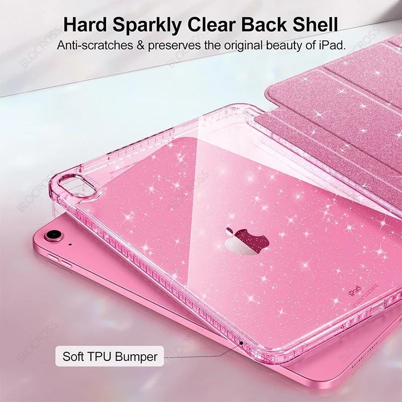 Coque rigide transparente rose et scintillante pour iPad, avec rembourrage TPU doux.