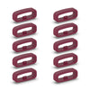 A set of ten silicone watch strap retainers in a maroon or reddish-pink color, shown from the side.