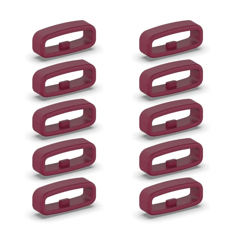 A set of ten silicone watch strap retainers in a maroon or reddish-pink color, shown from the side.
