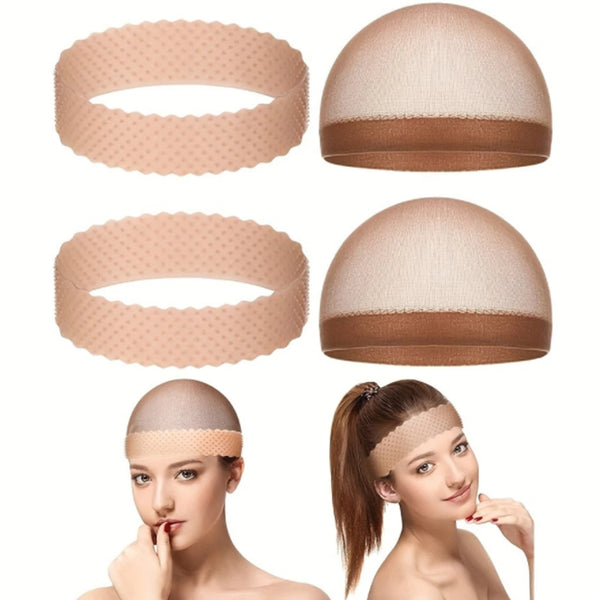 Silikon-Haarbänder in Nude und Braun, gezeigt neben Models, die sie auf dem Kopf tragen.