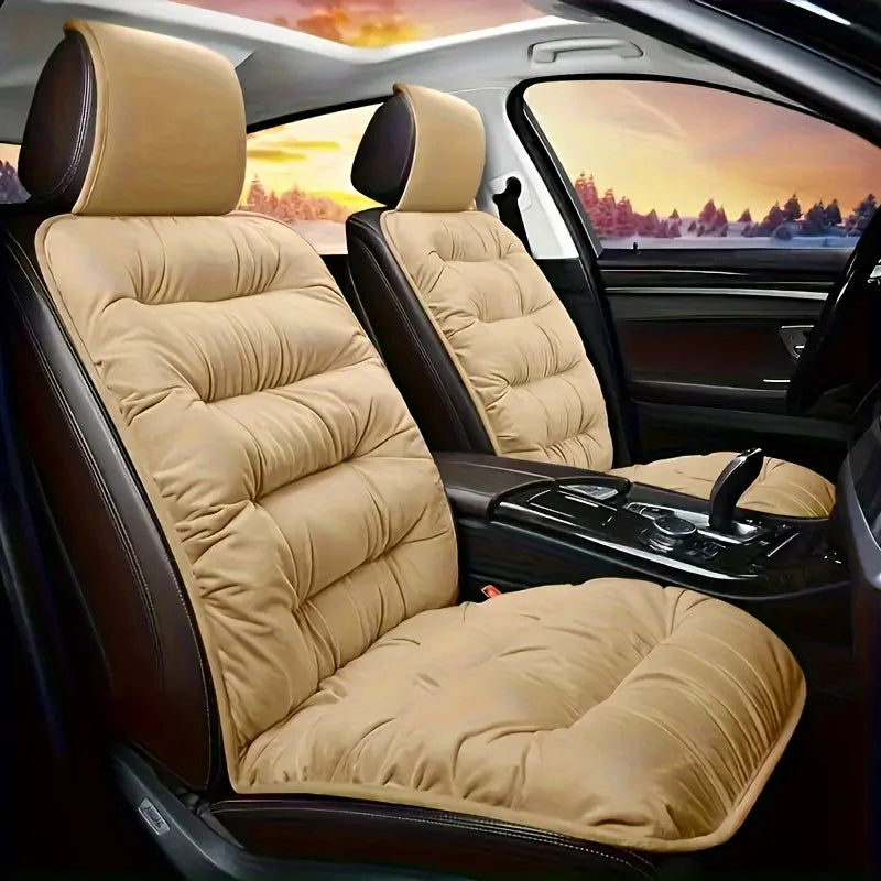 Tan plush winter car seat cover with backrest installed in a dark car interior.