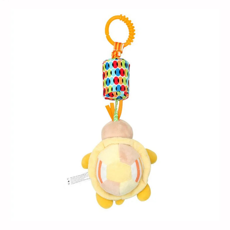 A soft plush cartoon animal stroller mobile rattle toy with a hanging bell.