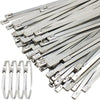 A close-up view of numerous heavy-duty stainless steel cable ties arranged in a fan shape.