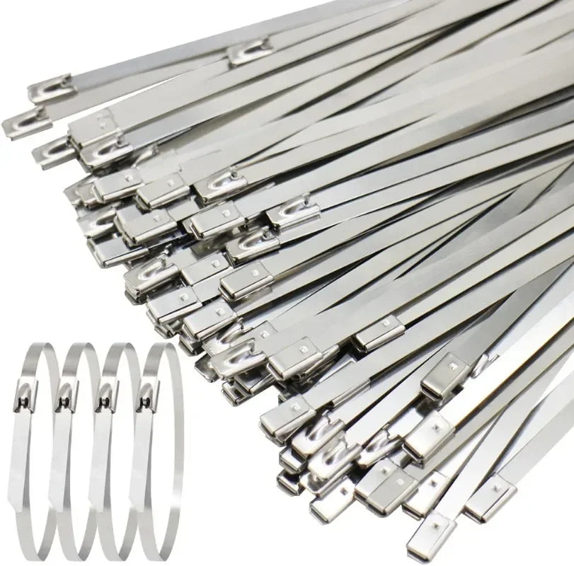 A close-up view of numerous heavy-duty stainless steel cable ties arranged in a fan shape.