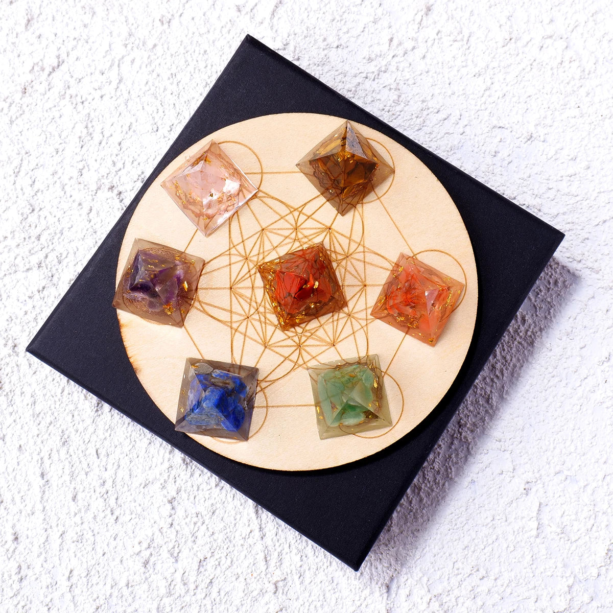 7-Piece Chakra Crystal Pyramid Set with Wooden Base