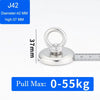 Silver neodymium fishing magnet with eyebolt, 42mm diameter and 37mm high.