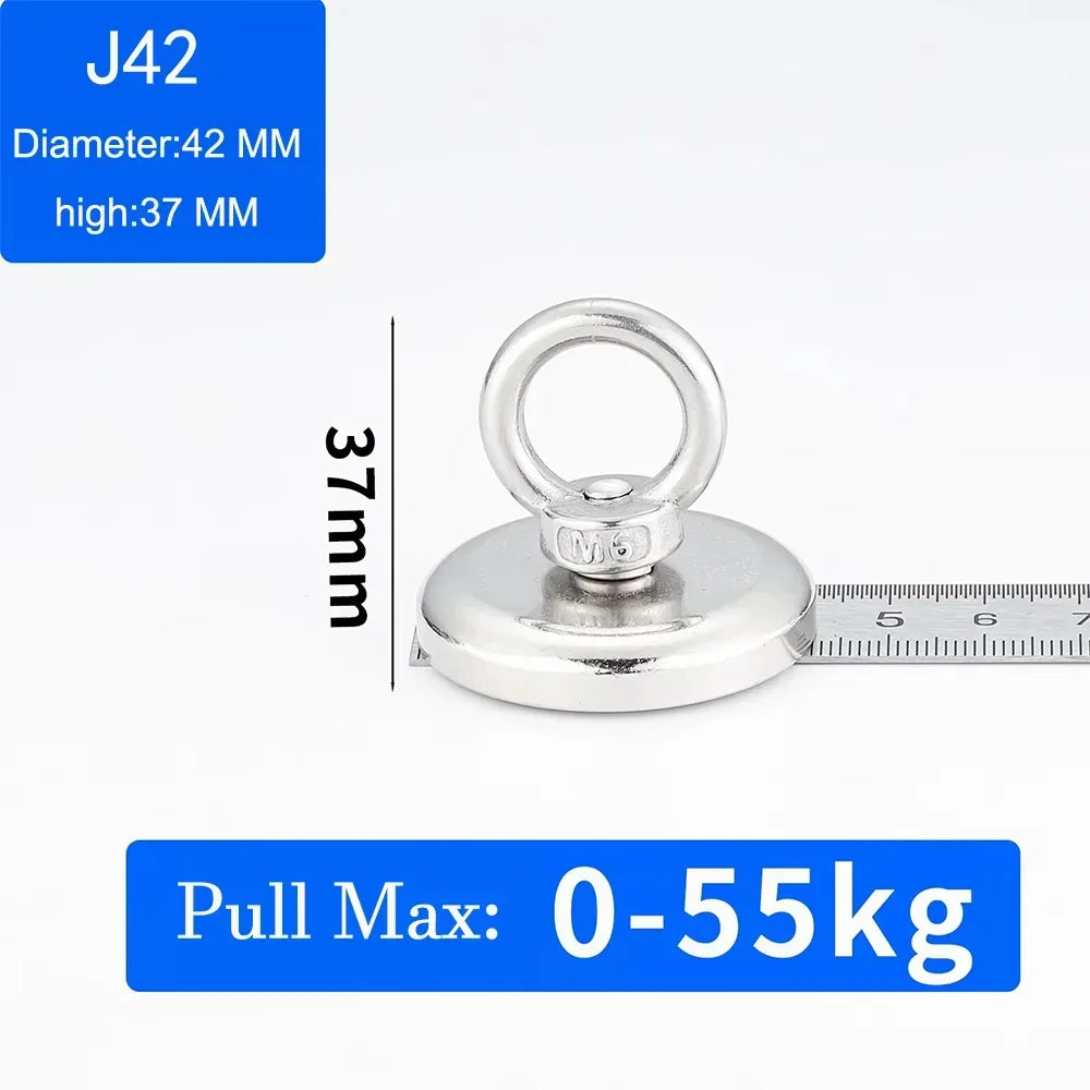 Silver neodymium fishing magnet with eyebolt, 42mm diameter and 37mm high.