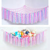 Bohemian handwoven corner toy storage net with pink and blue tassels hanging decoration