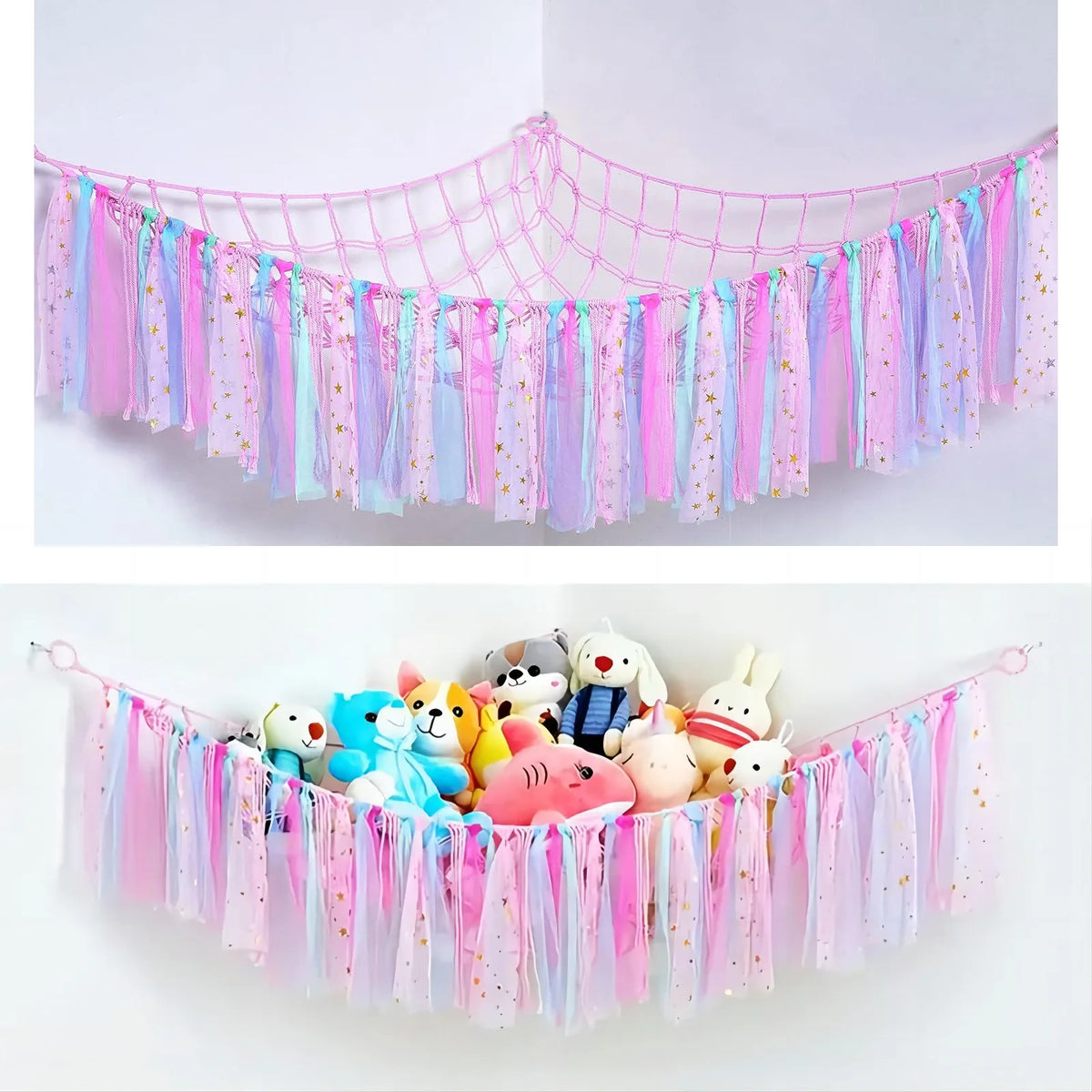Bohemian handwoven corner toy storage net with pink and blue tassels hanging decoration