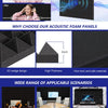 A set of black pyramid acoustic foam panels shown in various applications and designs.