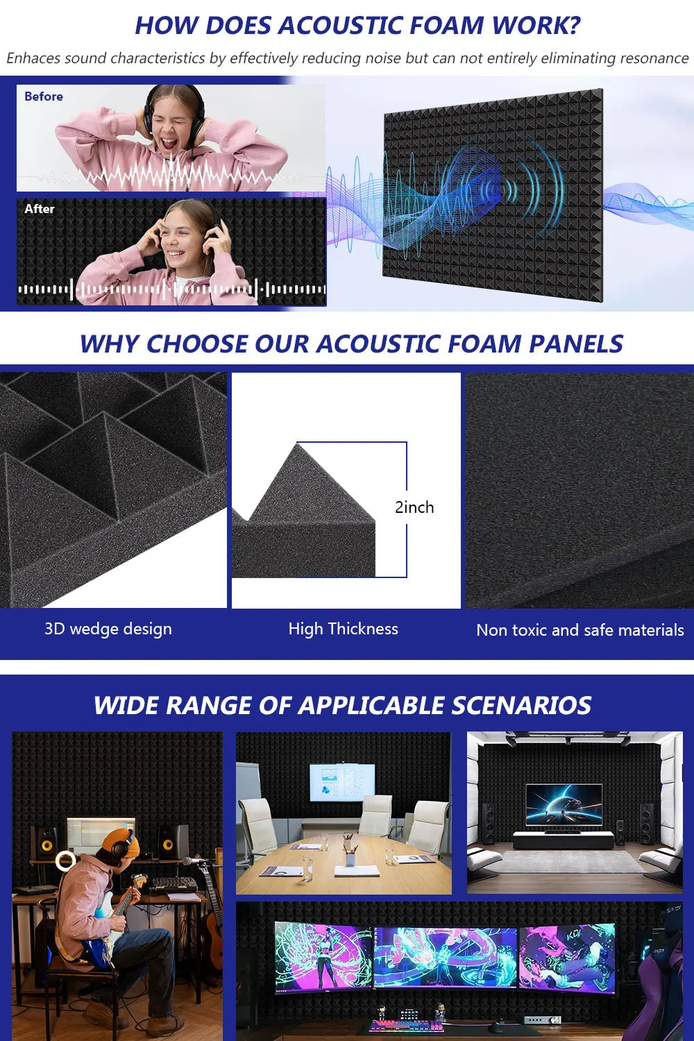 A set of black pyramid acoustic foam panels shown in various applications and designs.