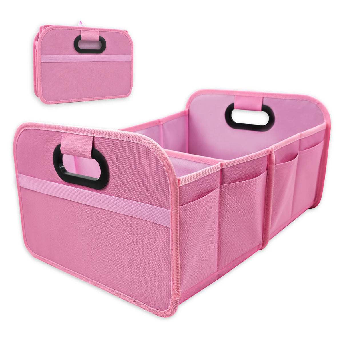 A pink foldable car trunk organizer with carry handles and multiple compartments.