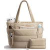 A beige quilted multi-compartment tote bag with a handle and a separate zippered pouch.