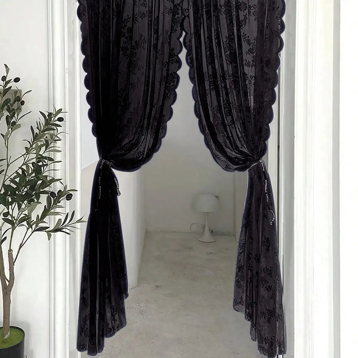 Black Floral Lace Sheer Curtain Panel with Rod Pocket