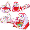 A set of three kids ball pit play tents and a crawl tunnel in pink, red, and multi-colored polka dots.