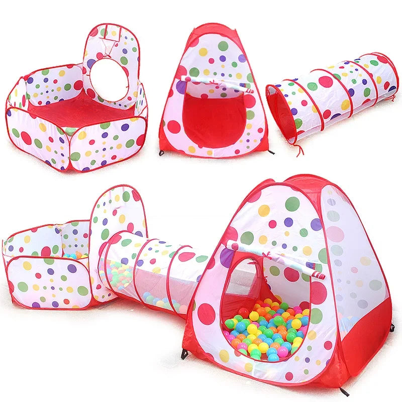 A set of three kids ball pit play tents and a crawl tunnel in pink, red, and multi-colored polka dots.