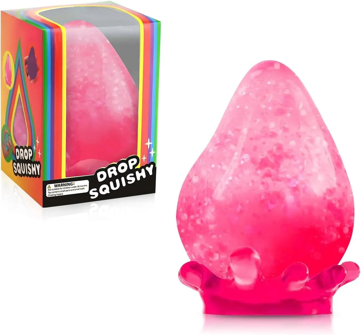 Pinkes Stressball-Produktkarton und ein lose pinkes, weiches Stressball