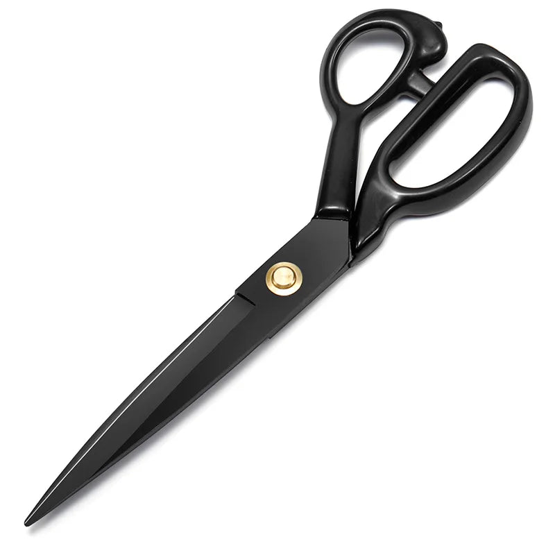 A pair of black heavy duty tailor scissors with silver accents.