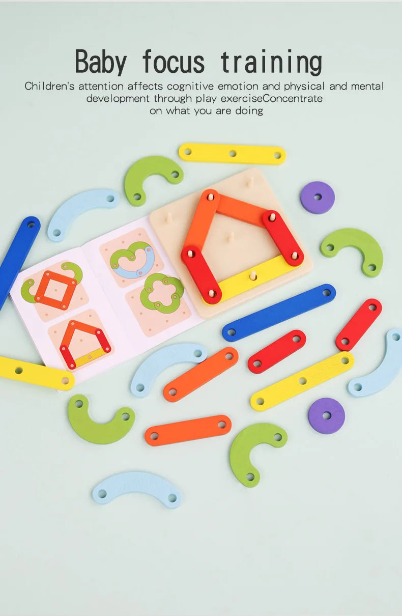 A wooden geoboard shape building set with colorful pegs and shapes for baby focus training.