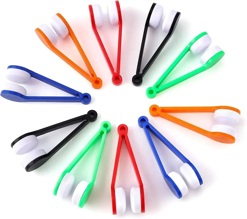 A collection of microfiber glasses cleaning tools in various colors including orange, red, green, and blue.