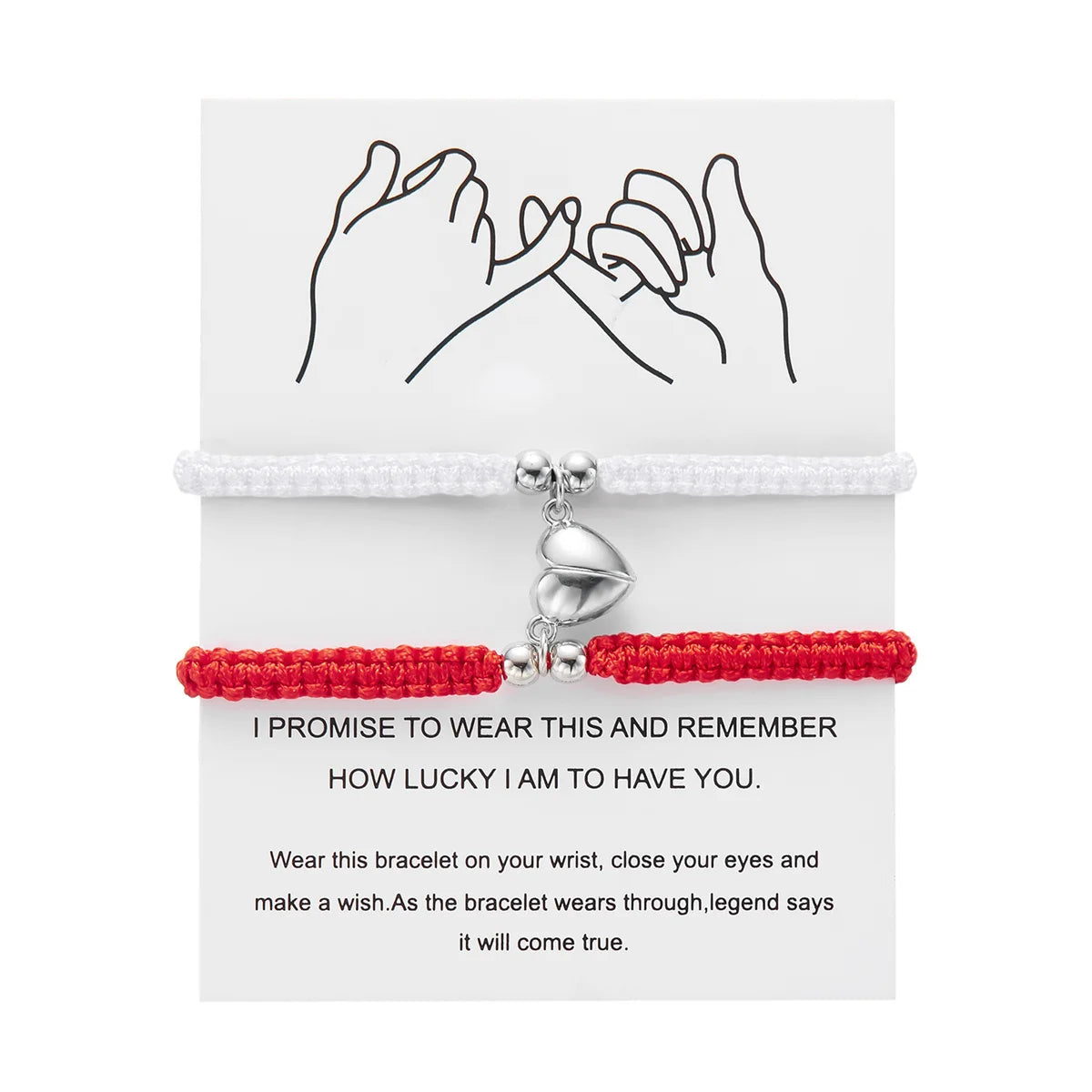 A pair of silver magnetic heart couple bracelets with white and red accents shown against a white card.