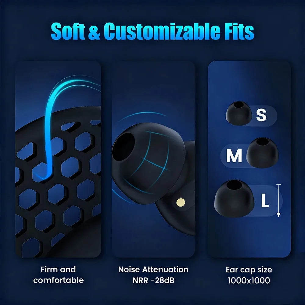 Black wireless sleep earbuds with customizable fits and noise attenuation features
