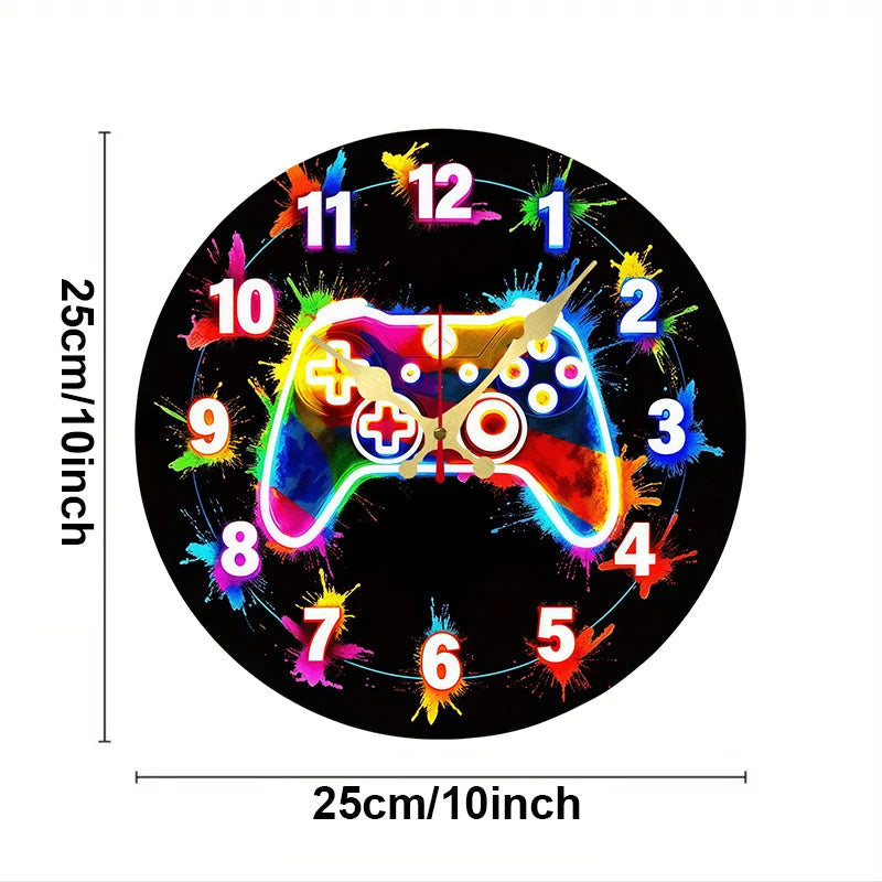 A black wall clock face with a glowing, colorful video game controller design in the center.