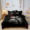 Black duvet cover featuring a large skull design with floral accents and red details.