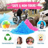 A pile of vibrant blue and pink powder is shown next to a motorcycle, with text emphasizing safe, non-toxic, environmentally 