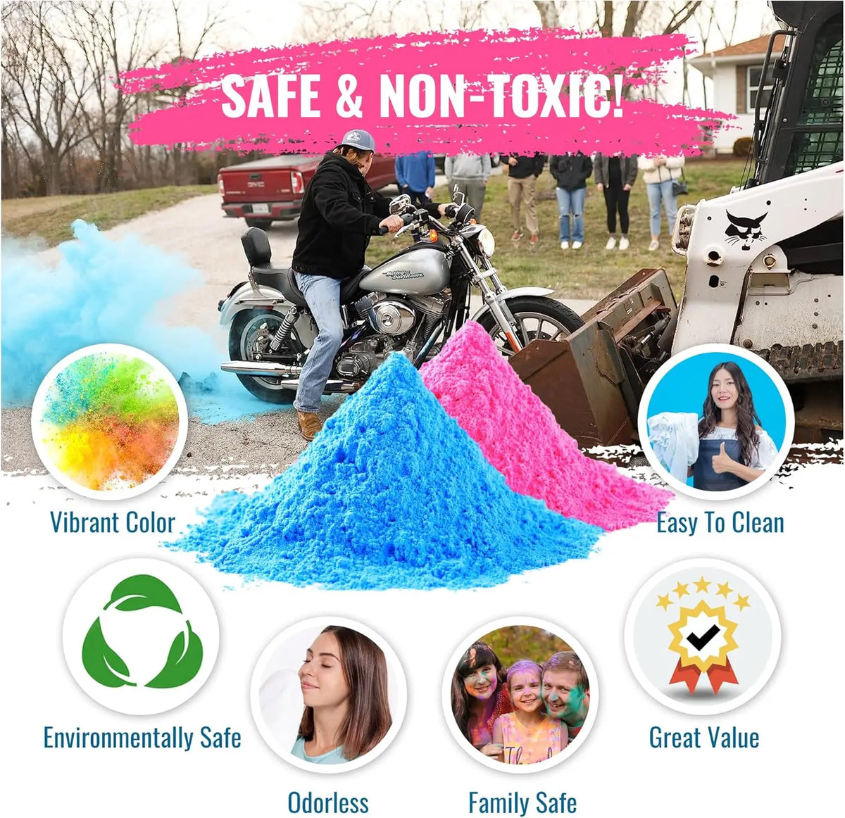 A pile of vibrant blue and pink powder is shown next to a motorcycle, with text emphasizing safe, non-toxic, environmentally 
