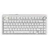 A white mechanical keyboard featuring a grid layout of keys and a switch on the right side.