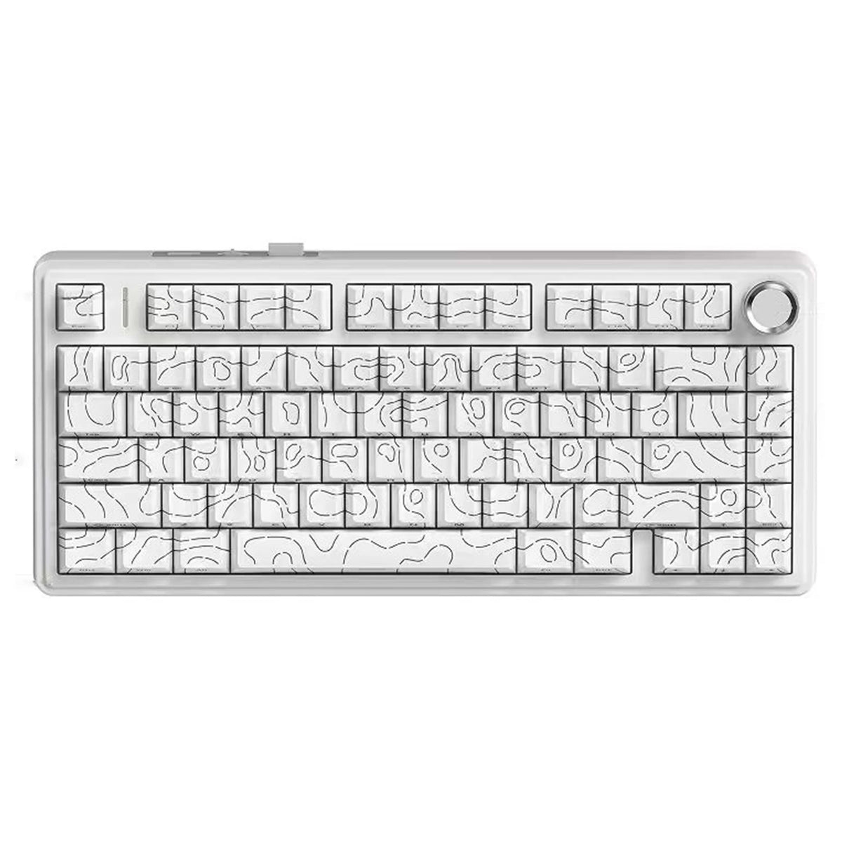 A white mechanical keyboard featuring a grid layout of keys and a switch on the right side.