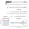 A set of six vinyl weeding and craft tools including various sized spatulas, tweezers, and scissors in white and light pink.