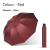 A maroon windproof folding umbrella with a 130cm diameter shown in a profile view.
