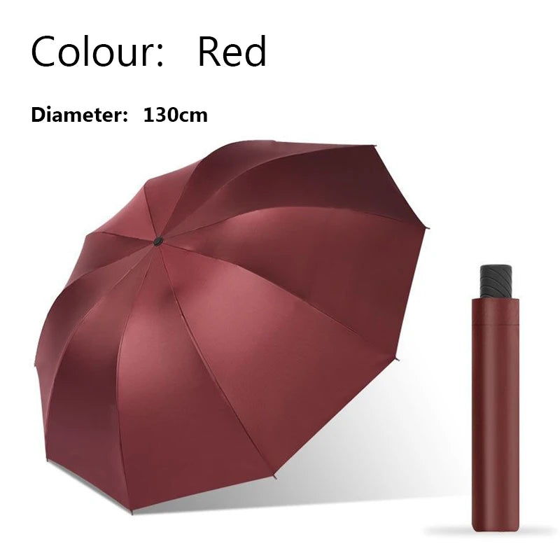 A maroon windproof folding umbrella with a 130cm diameter shown in a profile view.
