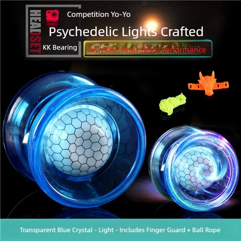 Transparent blue crystal yo-yo with a hexagonal design showing light and smooth spin