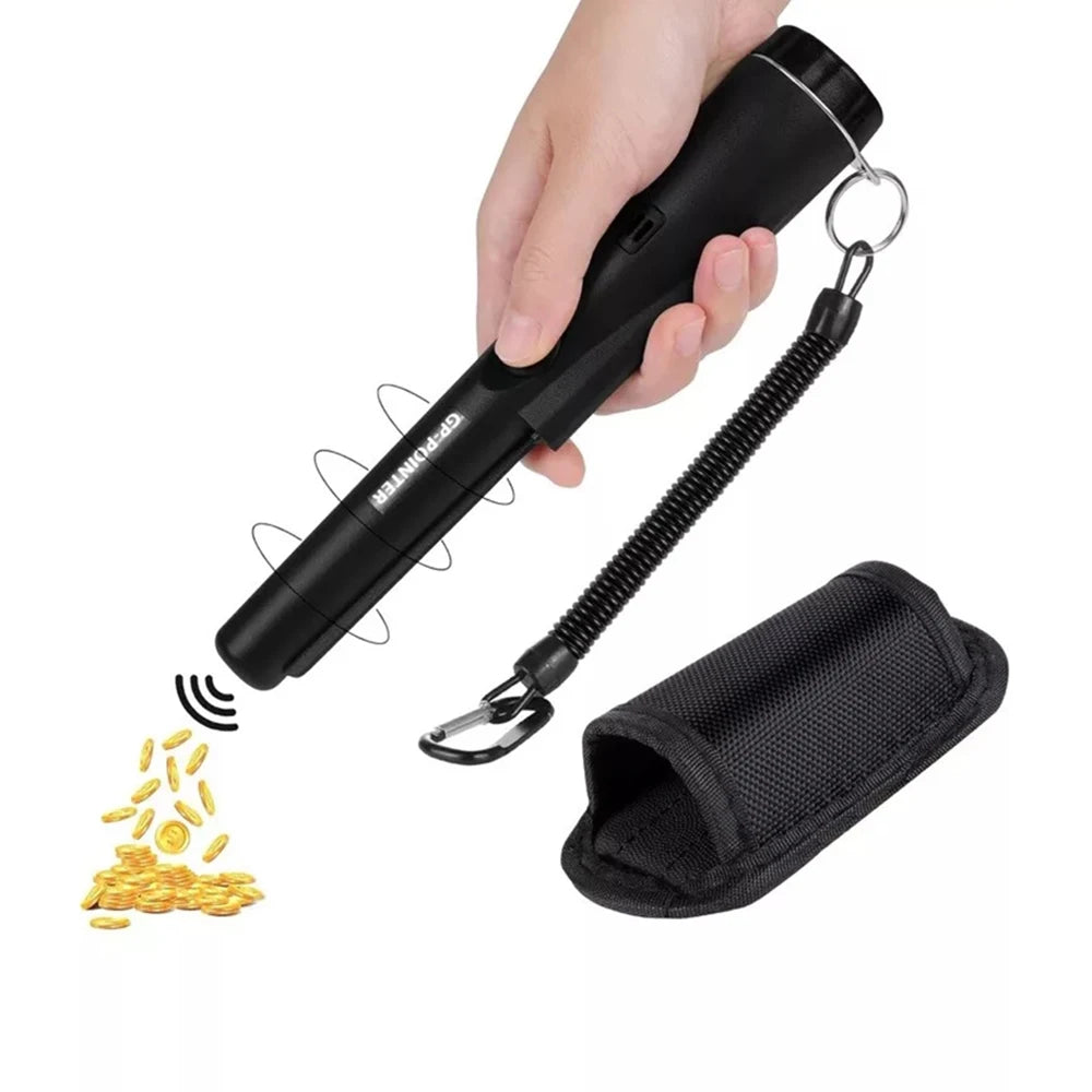 A hand holds a black handheld metal detector with a long wand and a mesh sensor pad.