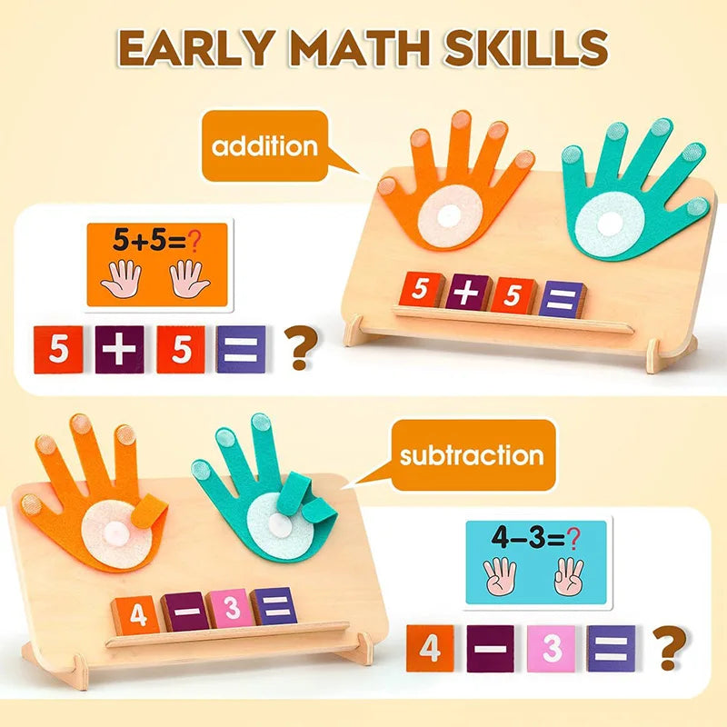 Montessori wooden math skills toys showing addition and subtraction activities with number blocks and hand shapes