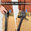 A close-up shows a clip-on tool belt holster for drills and power tools being placed onto a tan fabric belt.