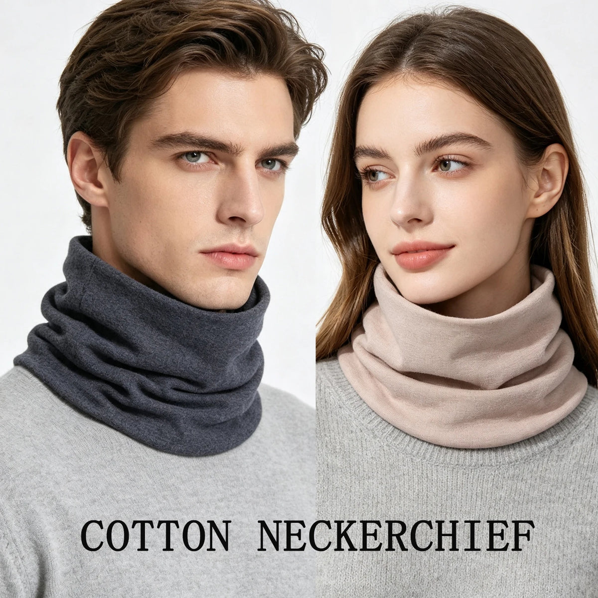 A man and a woman modeling gray cotton neckerchiefs or scarves.